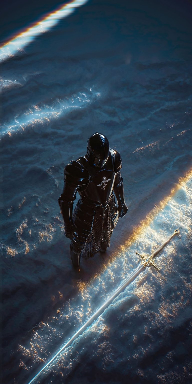 This high-contrast 4K wallpaper features a dark knight standing over a glowing greatsword in a cinematic, ethereal environment. Designed for the iPhone, this aesthetic wallpapers entry captures a moody atmosphere with striking light reflections and deep shadows.