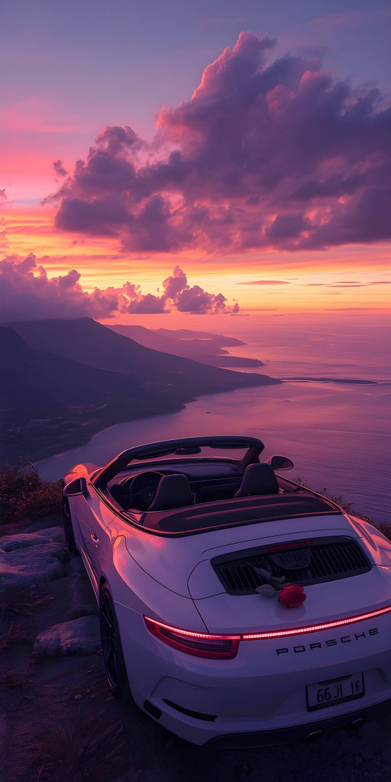 A stunning purple convertible driving into a stylized sunset landscape. This 3D spatial wallpaper combines a retro-wave aesthetic with automotive design for a vibrant iPhone display.