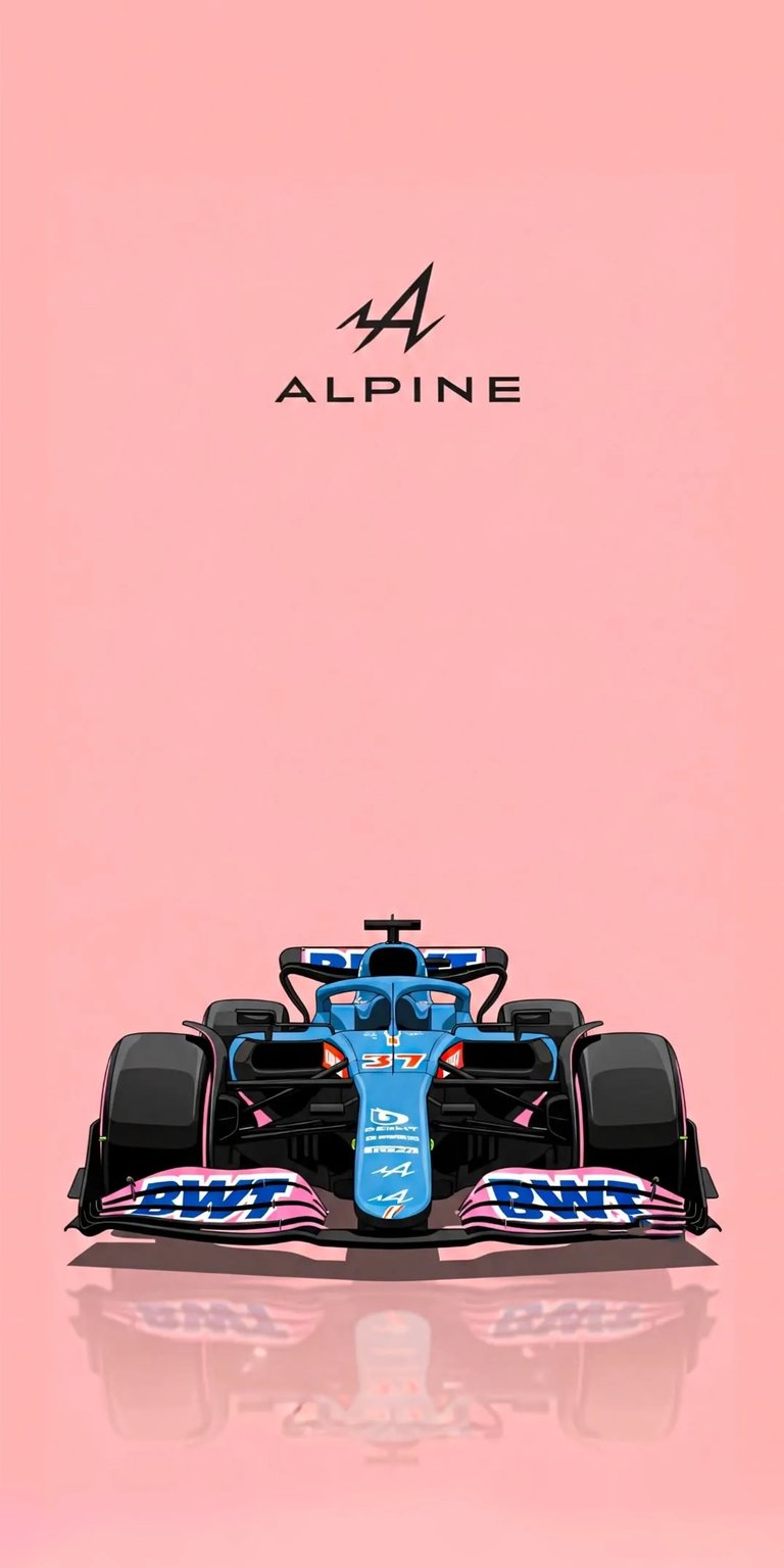 Download this sleek Alpine car wallpaper for your iPhone in stunning 4K resolution. The wallpaper features a cool blue race car with pink accents and the BWT logo.