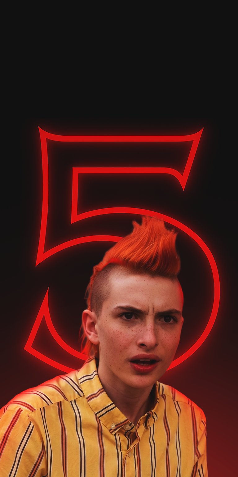 A bold and stylized 4K character portrait featuring Mike Wheeler (Finn Wolfhard) with a striking orange-red mohawk and a yellow striped shirt, showcasing an edgy, alternative aesthetic. He is dramatically framed by the massive, ominous red neon number '5', making this a unique and high-impact thematic background for fans anticipating Stranger Things 5.