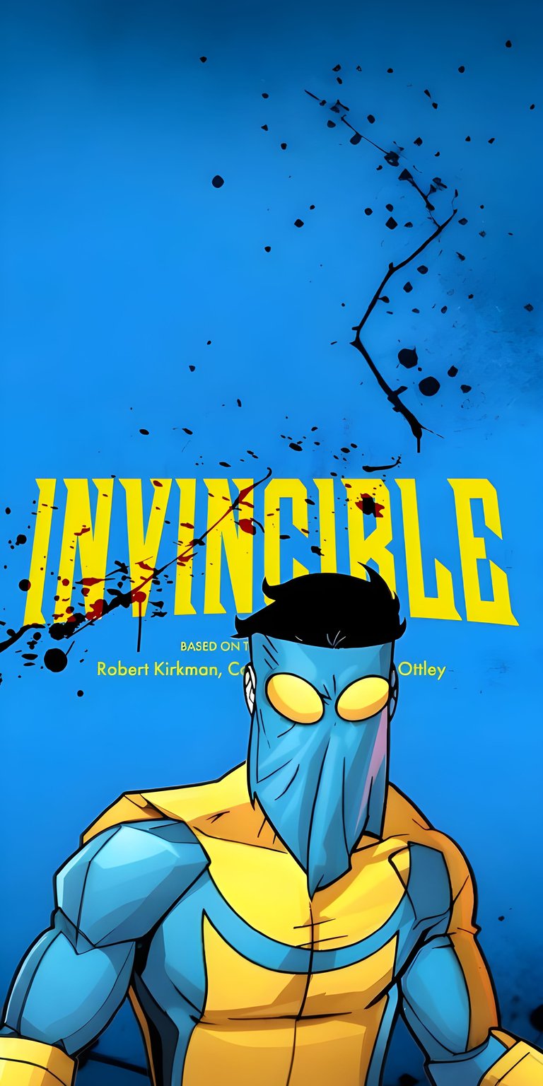 Elevate your iPhone with this stunning Invincible 4K wallpaper featuring Mark Grayson in his iconic blue and yellow suit. This high-contrast aesthetic wallpaper captures a bold comic book style with vibrant colors and striking blood-splatter details.