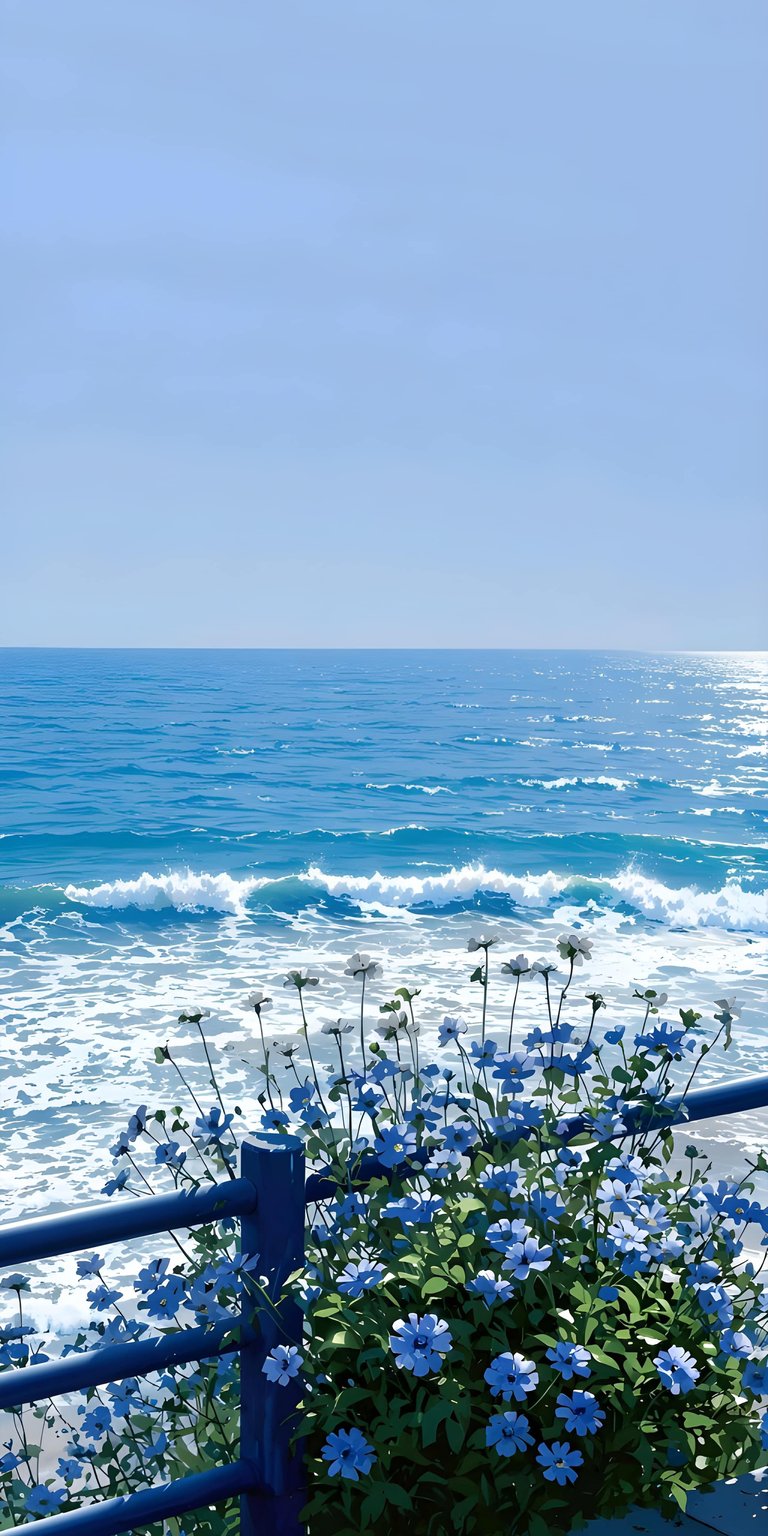 This coastal flowers blue sea 4K wallpaper showcases vibrant blue blossoms against a crashing ocean surf. Download this stunning iPhone wallpaper to bring a peaceful beach aesthetic to your daily display.