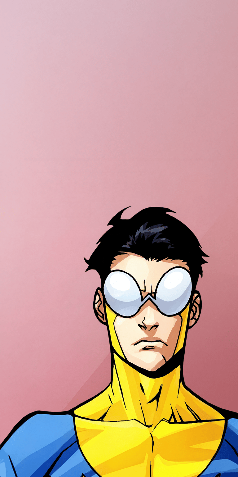 Invincible portrait wallpaper designed in an aesthetic wallpapers style wallpaper for iPhone, focused on a clean illustrated superhero close-up. This wallpaper uses soft pink gradient backgrounds, bold yellow and blue tones, and sharp line art for clear depth and a calm heroic mood.
