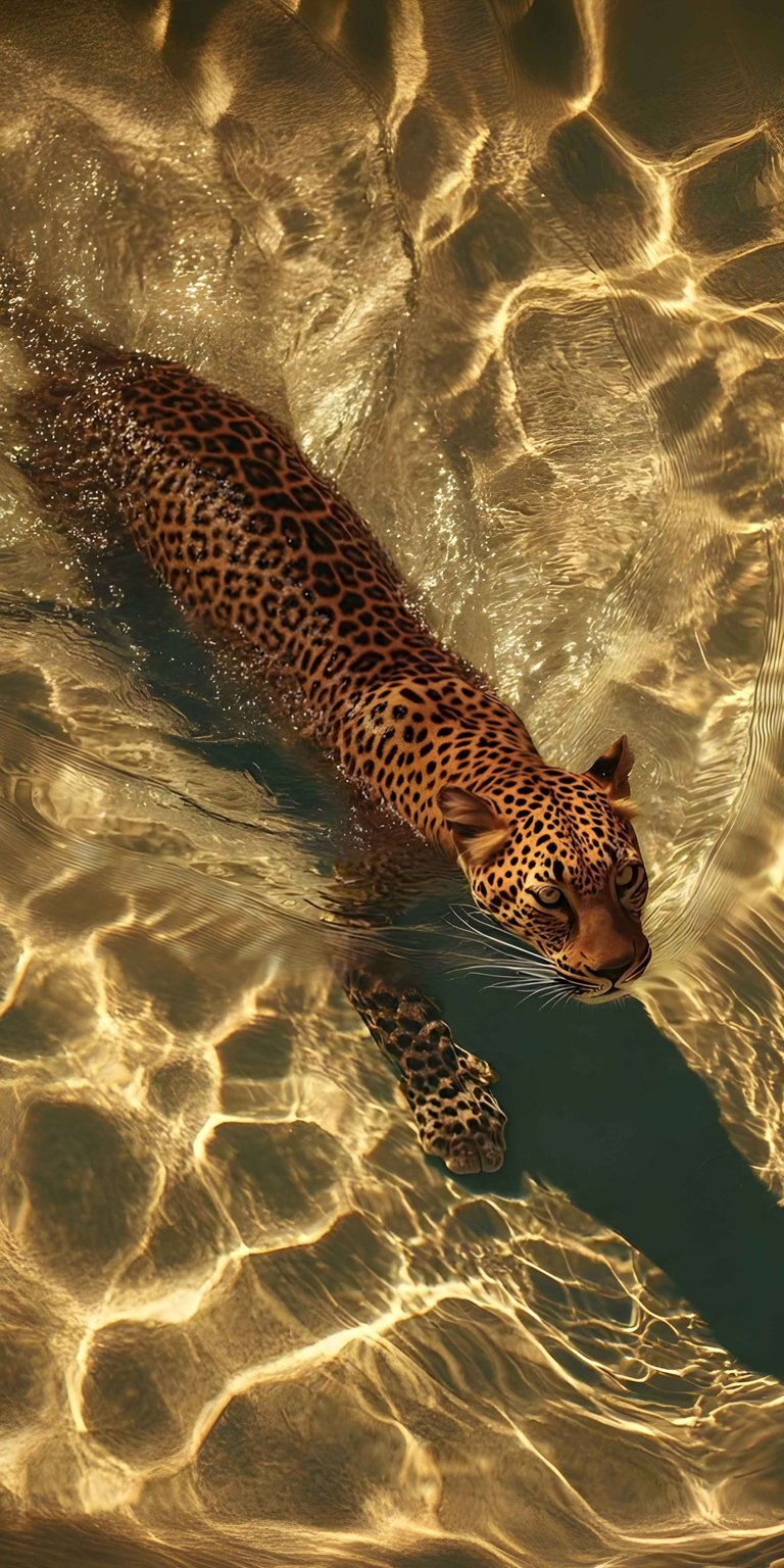 This 4K wallpaper features a majestic leopard gliding through golden, sun-drenched water for your iPhone. This aesthetic wallpaper captures brilliant light reflections and fluid motion to create a warm, serene mood.