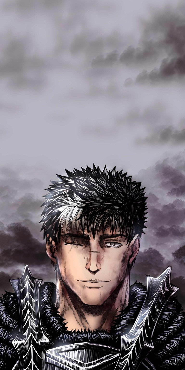 Download this striking Guts wallpaper in 4K for your iPhone, showcasing the character's stoic expression, scar, and distinctive spiky hair. This high-resolution wallpaper captures the essence of Guts with the cloudy backdrop.
