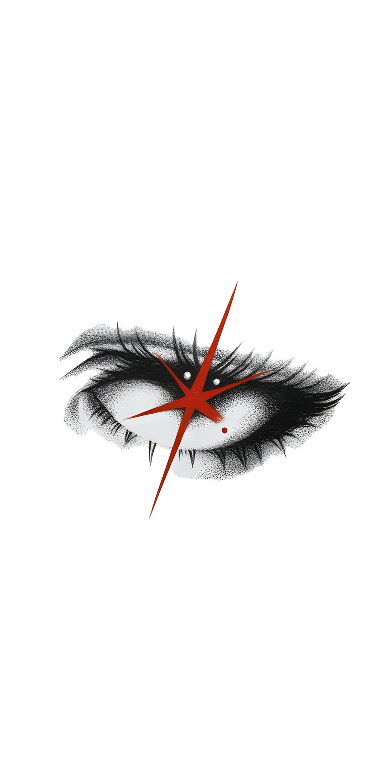 This Minimalist wallpaper for iPhone features a high-contrast, artistic depiction of an eye with dramatic stippled eyelashes and a sharp red star element. The clean white background makes this 4K wallpaper a bold choice for a modern lock screen.