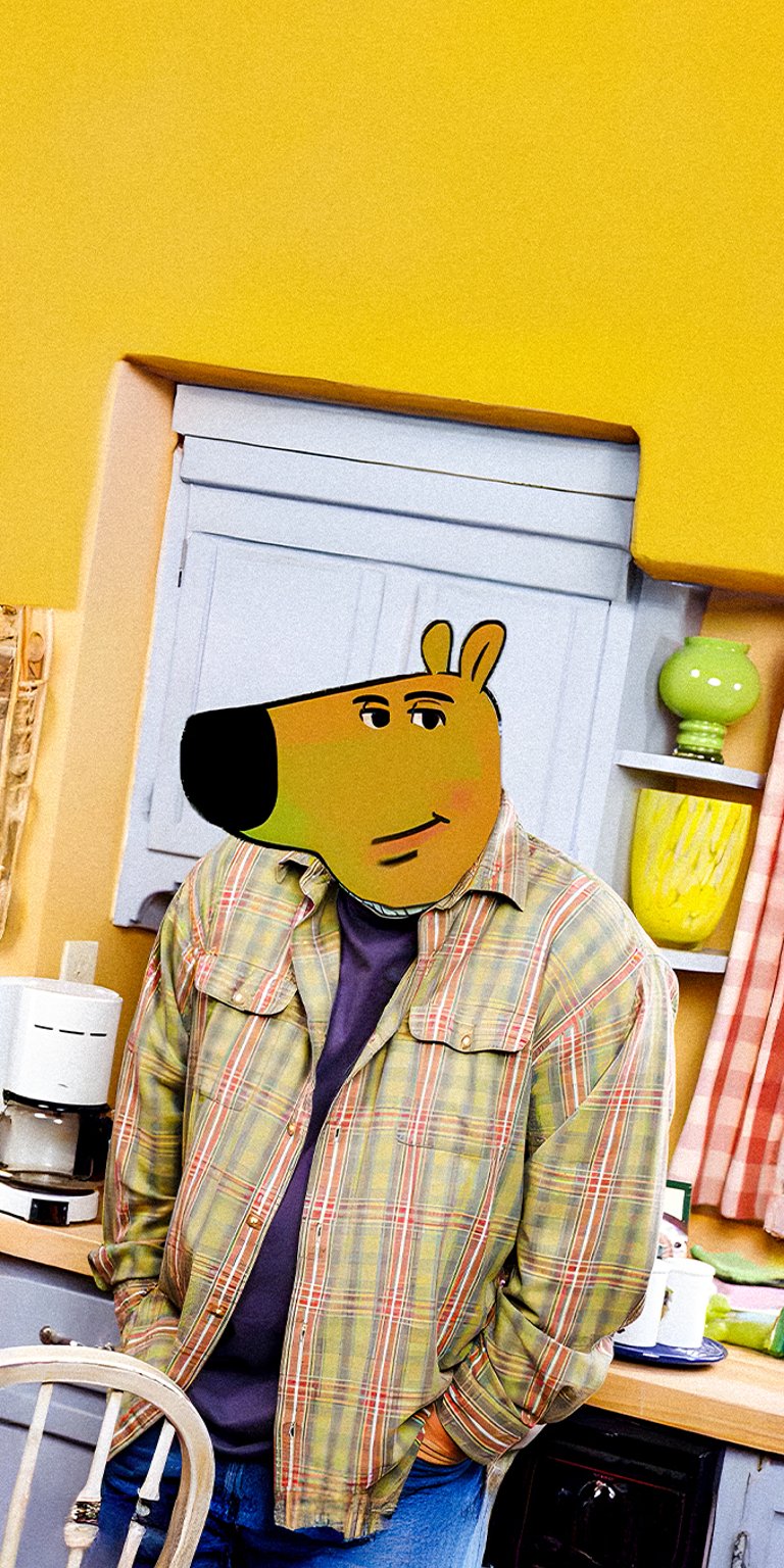 Chill Guy wearing casual attire in the kitchen wallpaper