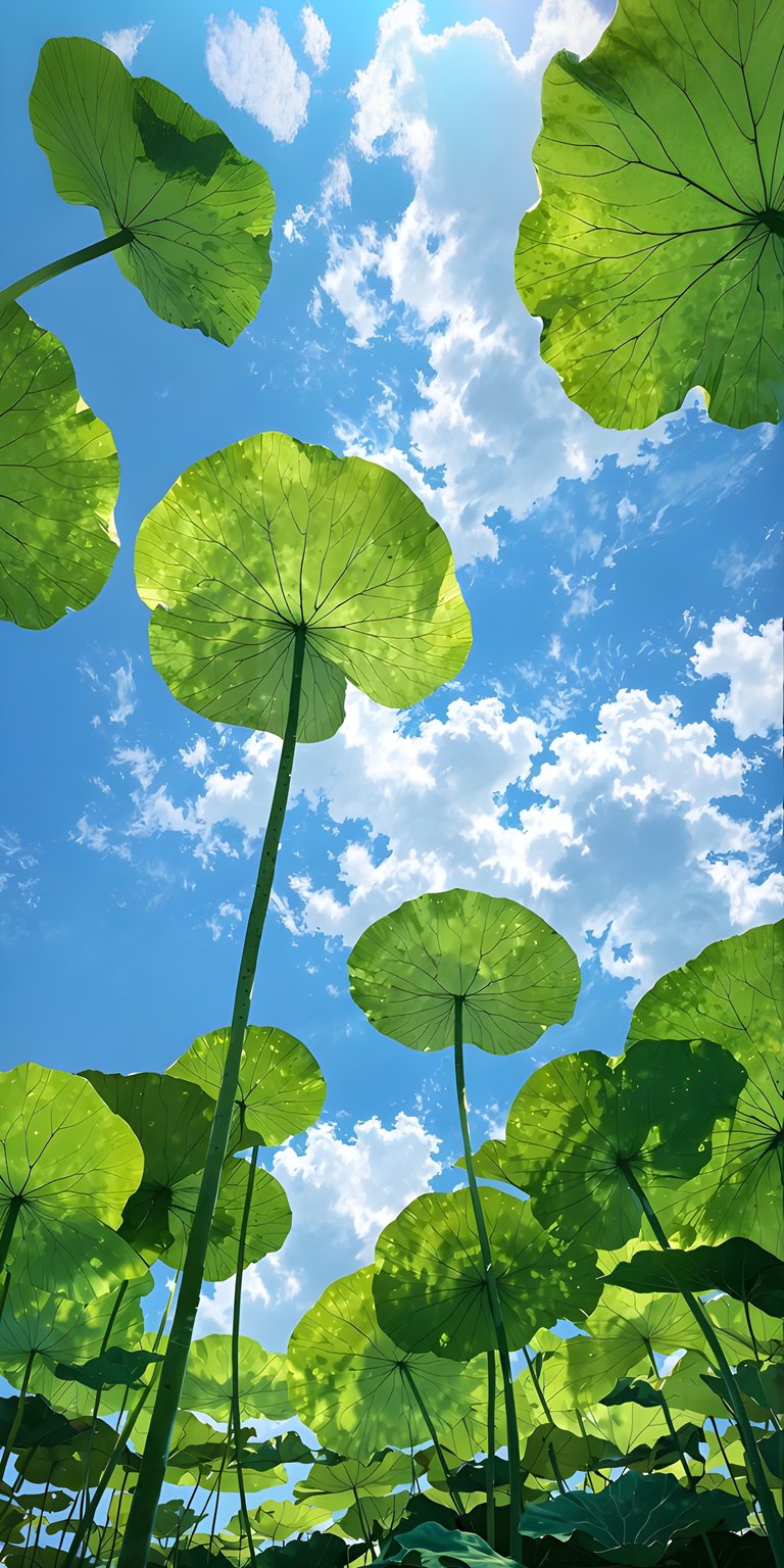 Lotus leaves wallpaper in a calm, nature-inspired style, designed as an aesthetic wallpapers experience for iPhone. This wallpaper features vibrant green leaves, soft sunlight, and airy sky depth, making it perfect as a clean and refreshing wallpaper.