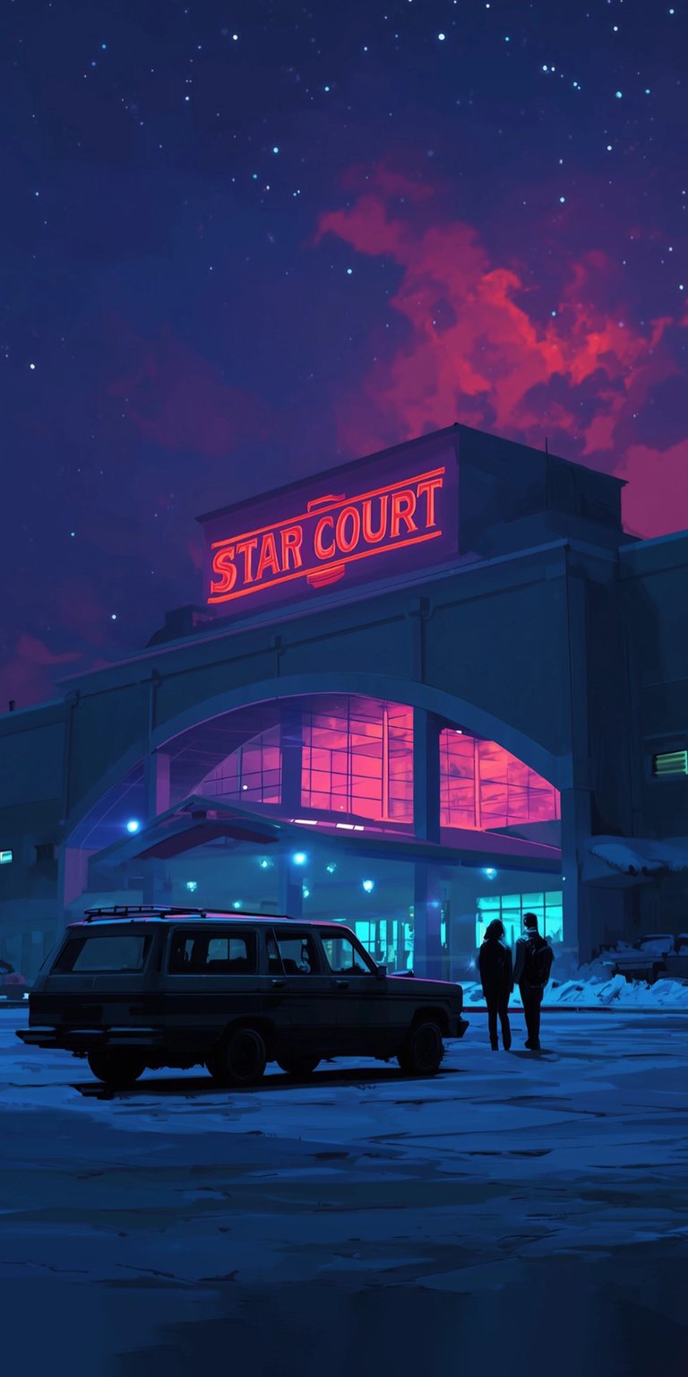 Get this aesthetic Starcourt wallpaper in 4K for your iPhone! The wallpaper features a couple standing near a vintage car in a snowy scene, with the Starcourt building illuminated by neon lights.