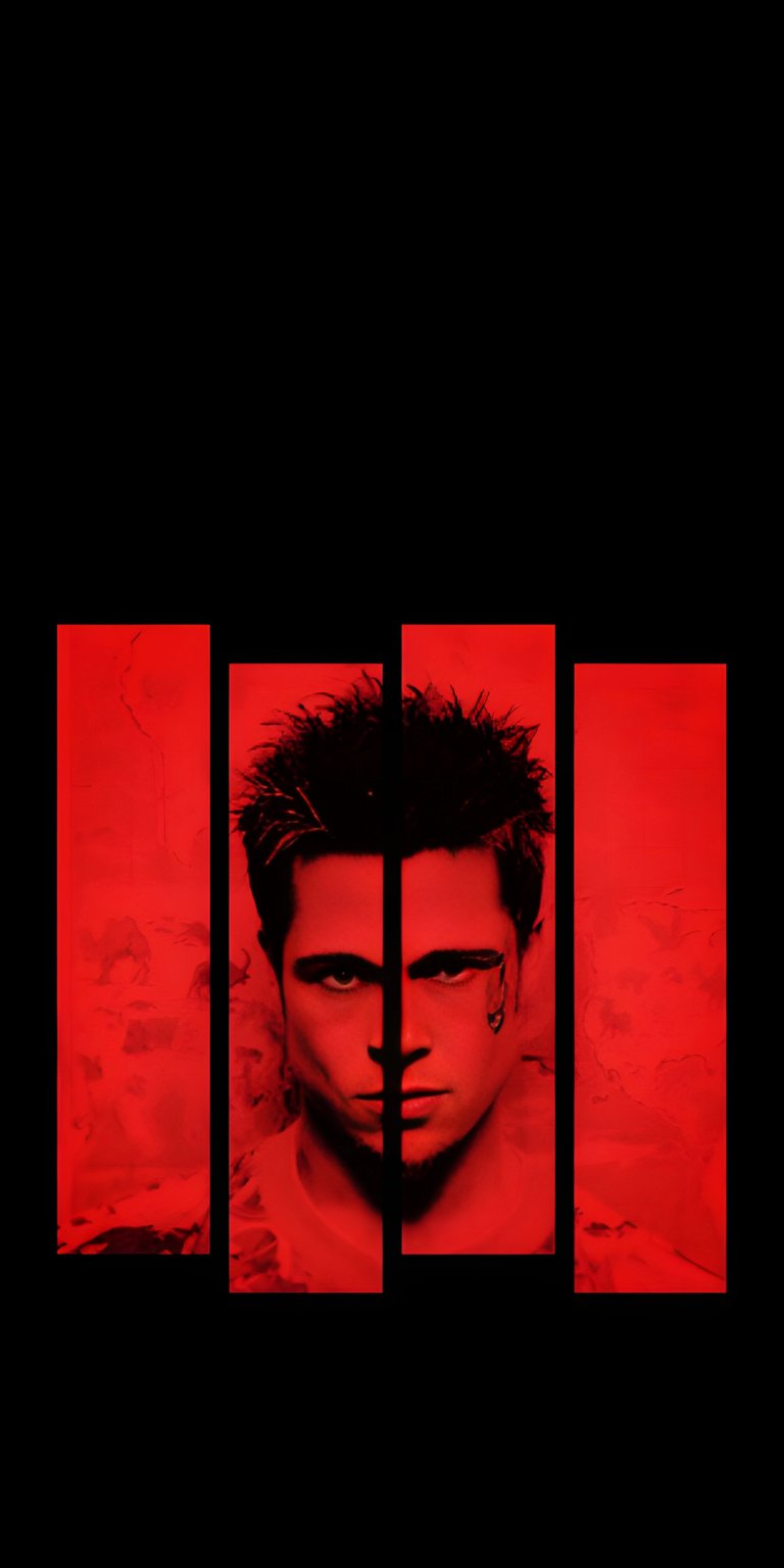 This striking Tyler Durden 4K wallpaper is perfect for your iPhone, showcasing Brad Pitt's intense stare framed by bold red bars. The dark, shadowy composition and the slight tear tattoo enhance the dramatic mood, making this Tyler Durden wallpaper a must-have.