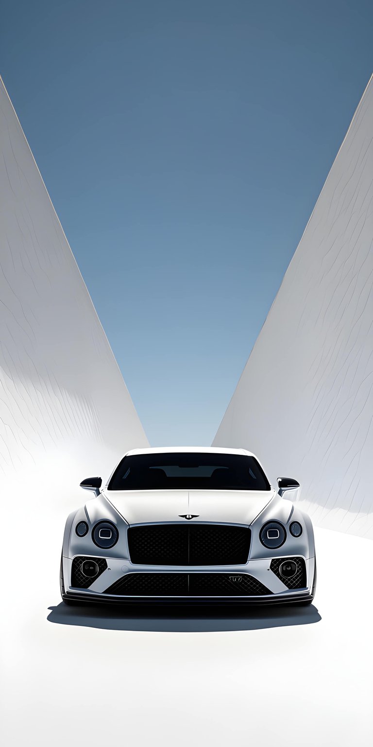 This high-end automotive wallpaper features a sleek white Bentley Continental GT positioned between sharp, symmetrical geometric walls. Designed as a minimalist wallpaper for iPhone, the image uses a clean blue and white palette with soft lighting to create a sophisticated, modern look.