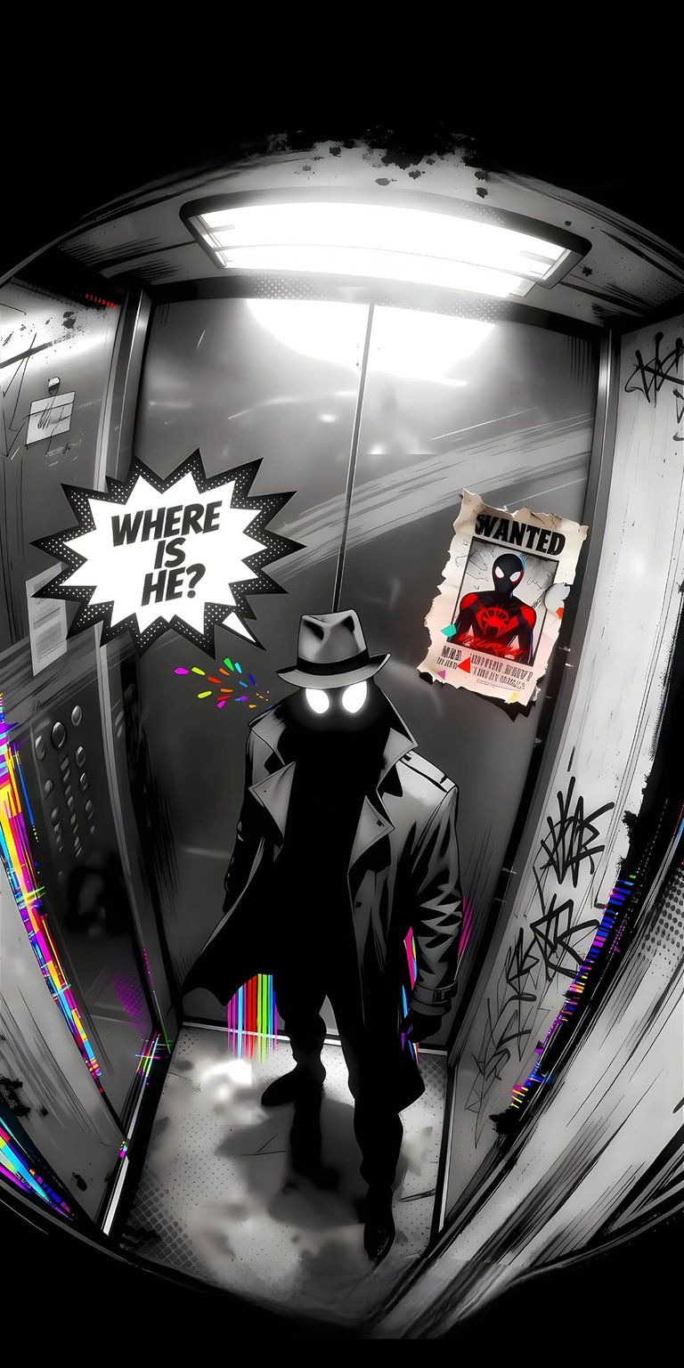 Capture the moody atmosphere of the 1930s with this Spider-Man Noir 3D live wallpaper featuring gritty shadows and "Where is He?" text bubbles. This cinematic mobile wallpaper delivers a stylish, noir-inspired look for your 4K phone screen.