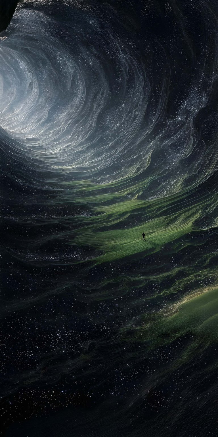 Download this breathtaking Traveler in Green Field 4K wallpaper for your iPhone today. This stunning wallpaper features a distant figure walking across green fields beneath swirling clouds with specks of starlight.