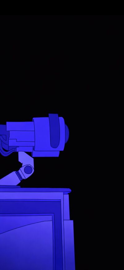 This robot matching wallpaper in 4K creates a continuous image across two iPhones. The first features a robot with a monitor while the second features a robot head, both on solid black.