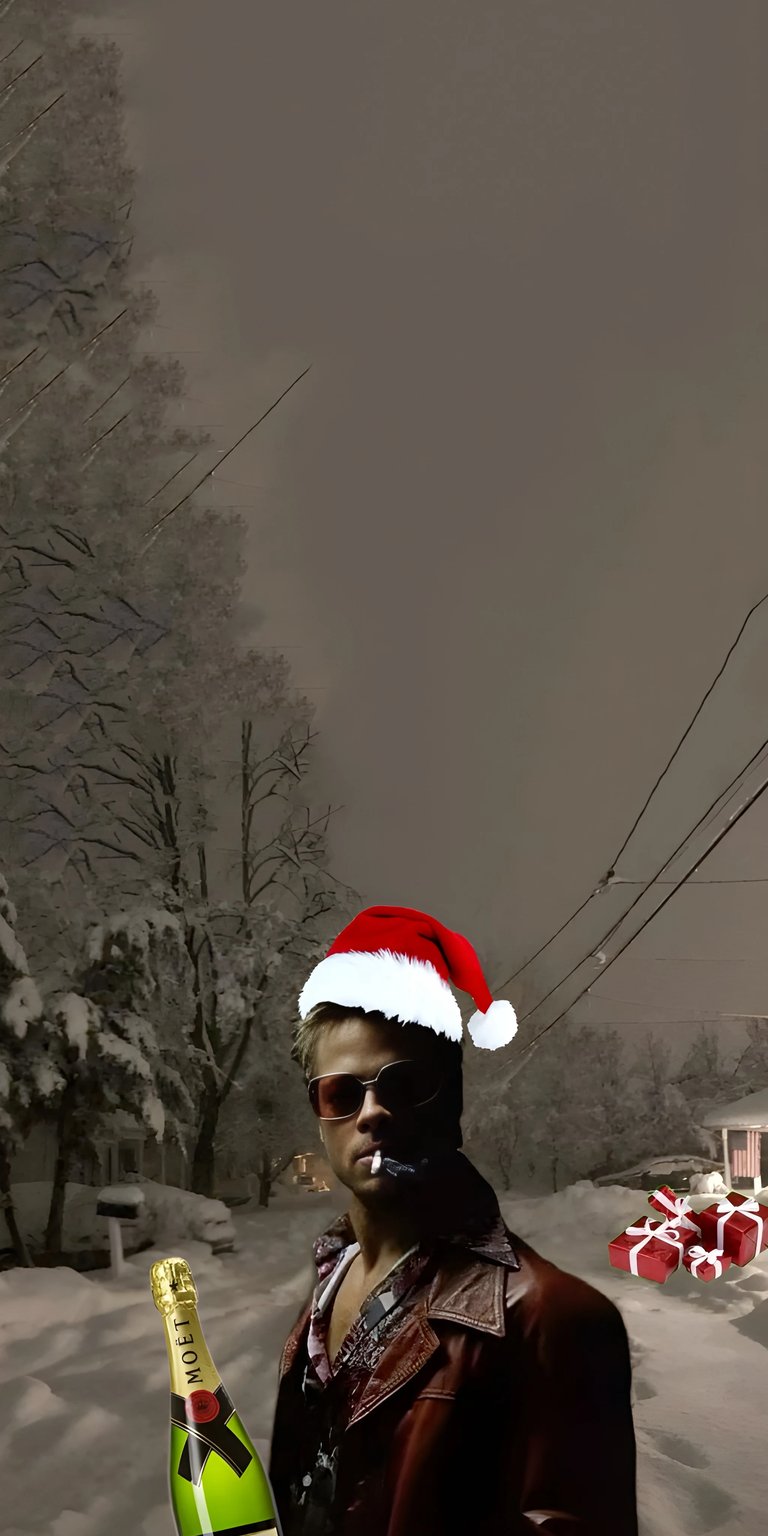 Get this Tyler Durden 4K wallpaper for your iPhone, featuring a Santa hat, Moet champagne, and presents. This wallpaper is perfect for the holidays!