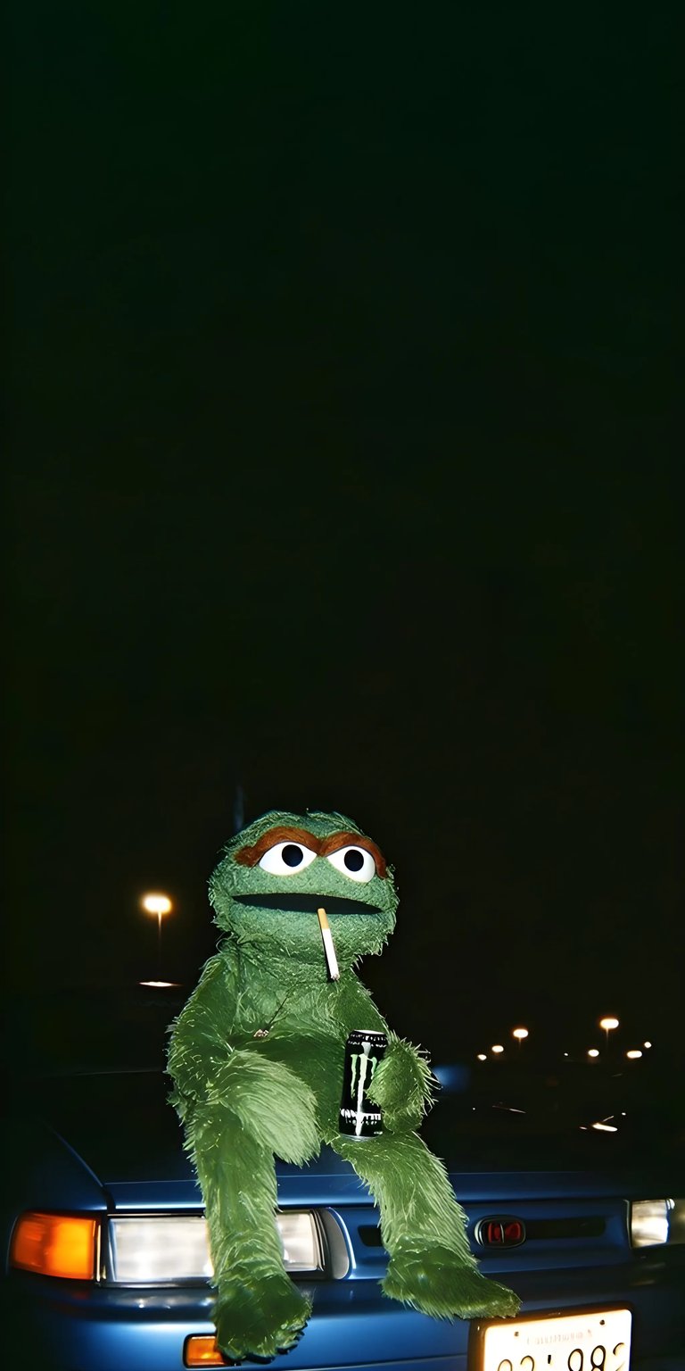 Download this cool Oscar the Grouch 4K wallpaper for your iPhone, featuring the grumpy Muppet relaxing with a smoke and a Monster Energy drink. This incredible wallpaper showcases the iconic green character sitting on a blue car in the dark.
