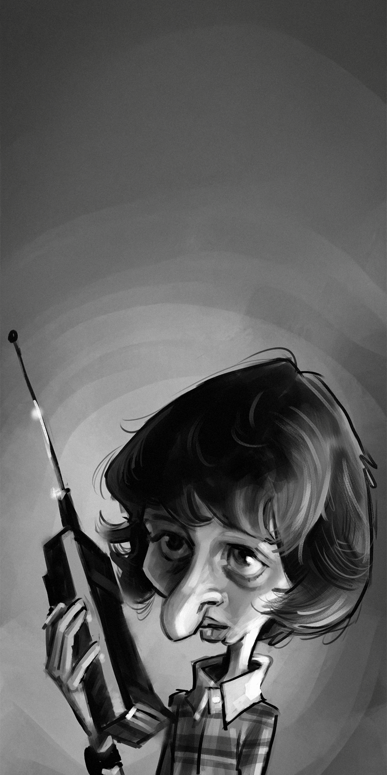 Check out this dramatic caricature of Mike Wheeler as a cool iPhone wallpaper in 4K. This black and white wallpaper features Mike's distinctive walkie-talkie and plaid shirt.