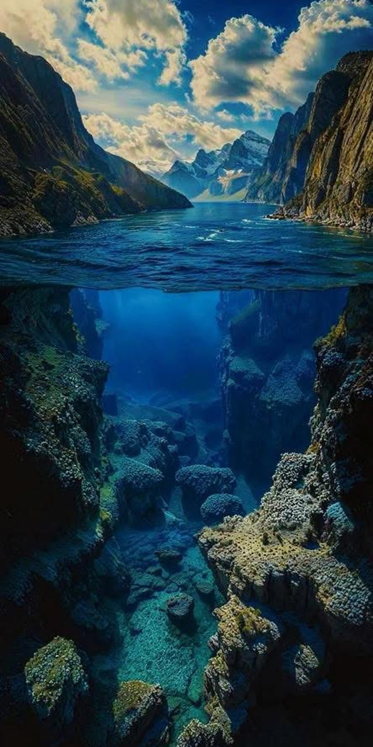 Experience the best Ocean Split 4K wallpaper for your iPhone, showcasing the unique perspective of the underwater terrain with its craggy rocks and the breathtaking mountains above. This stunning wallpaper captures the vibrant contrast between the sky and the sea.