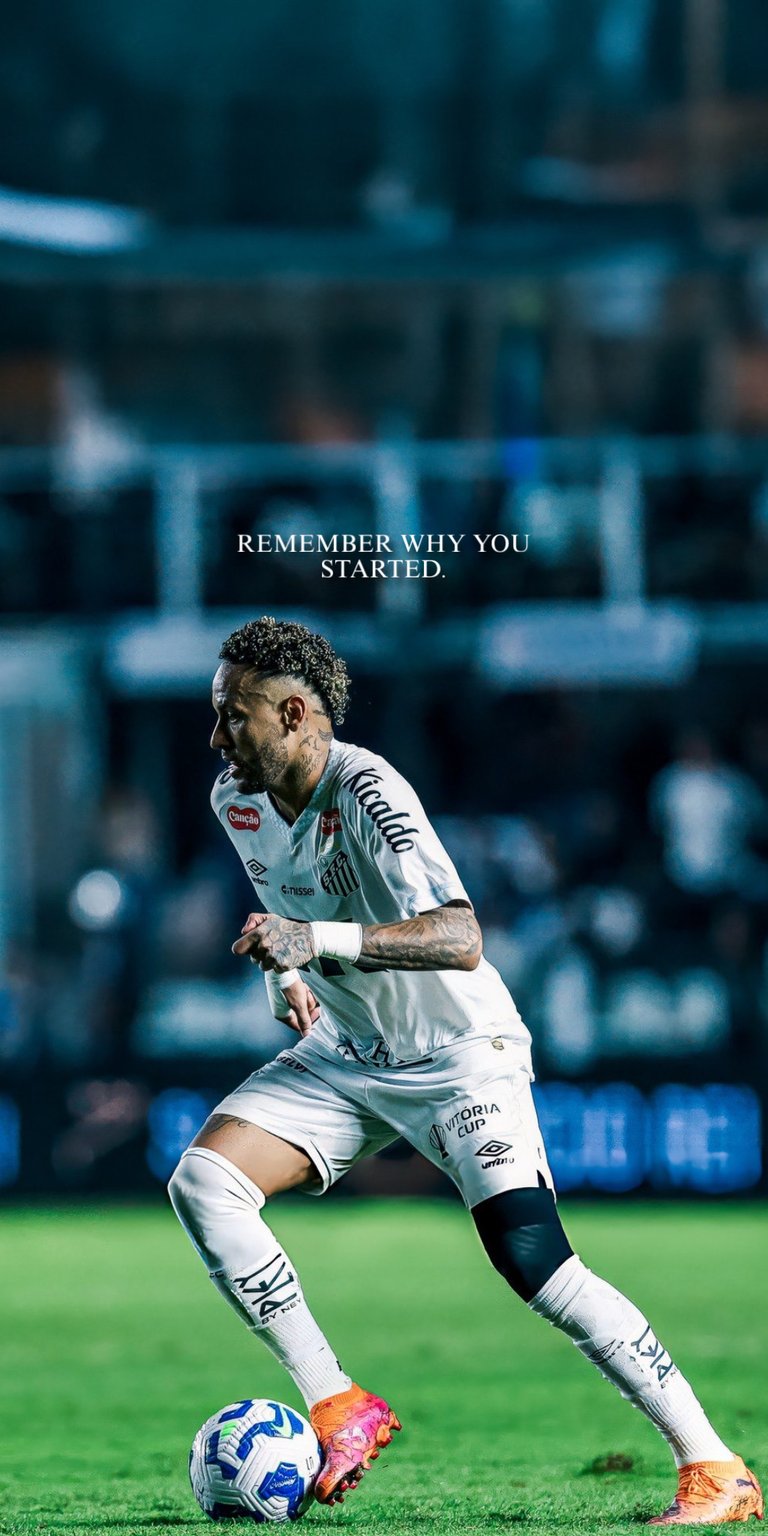 A classic 4K live wallpaper capturing Neymar Jr. in a dynamic action pose, controlling the ball in his earlier years while playing for Santos FC. The image features the motivational text "REMEMBER WHY YOU STARTED" and is a must-have for fans celebrating the iconic Brazilian star's career.