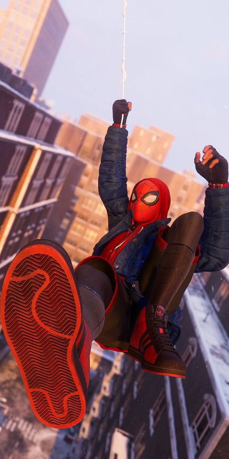 Spiderman swinging with casual attire collage wallpaper in 4k