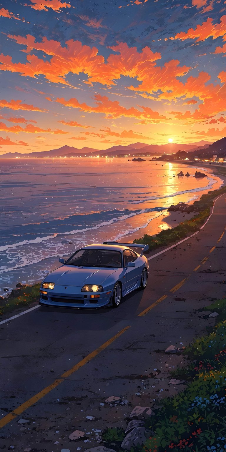 This Aesthetic wallpapers design features a classic blue Toyota Supra MK4 parked along a scenic coastal road during a vibrant sunset. Perfect for your iPhone, this high-energy wallpaper showcases brilliant orange clouds, calm ocean reflections, and a nostalgic summer mood.