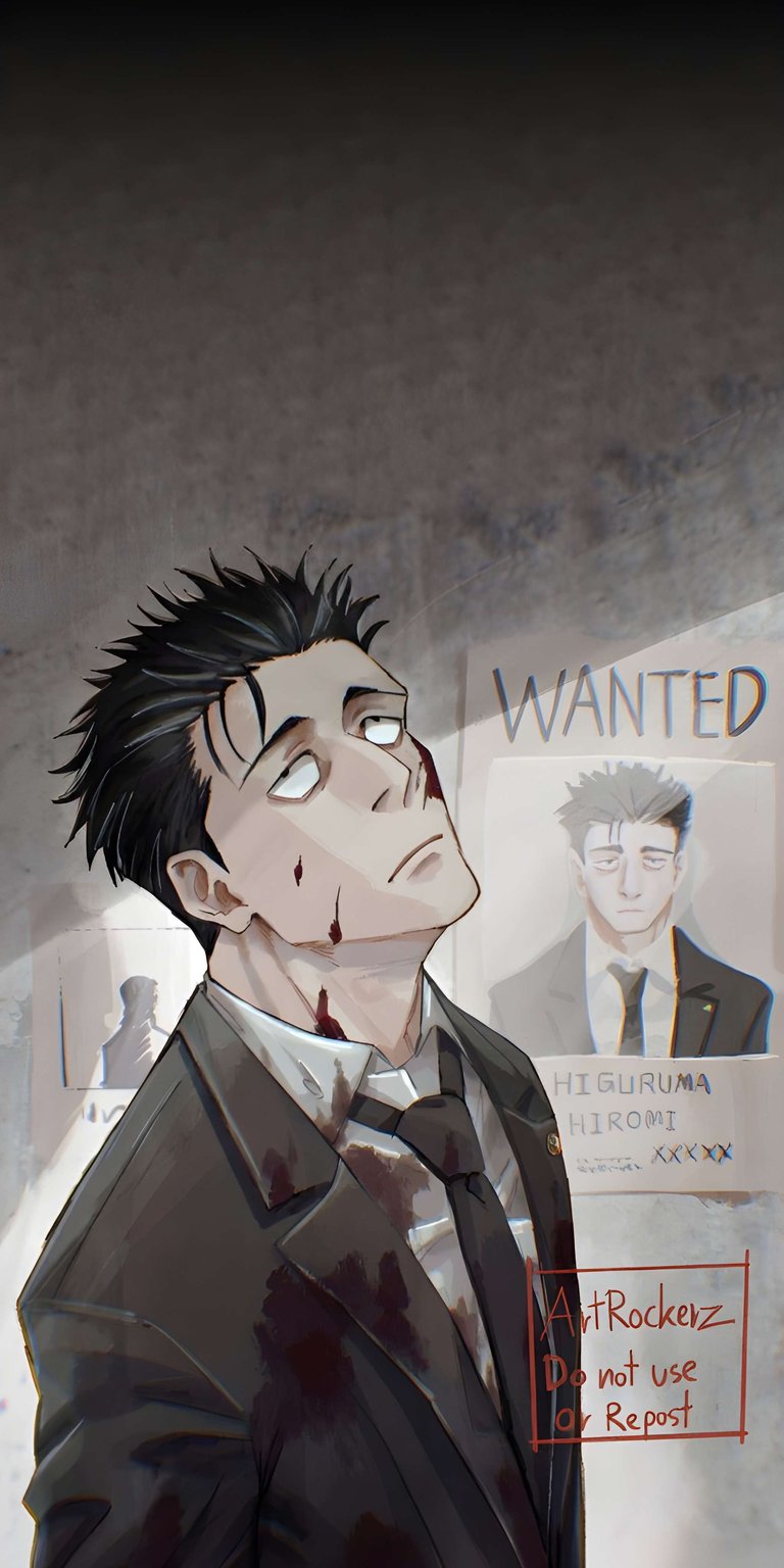 Download this Higuruma Hiromi 4K wallpaper for your iPhone, showcasing the subject's suit and the "Wanted" poster in the background. This stunning wallpaper captures the intensity of Higuruma with a close-up view of the blood on his face and clothing.