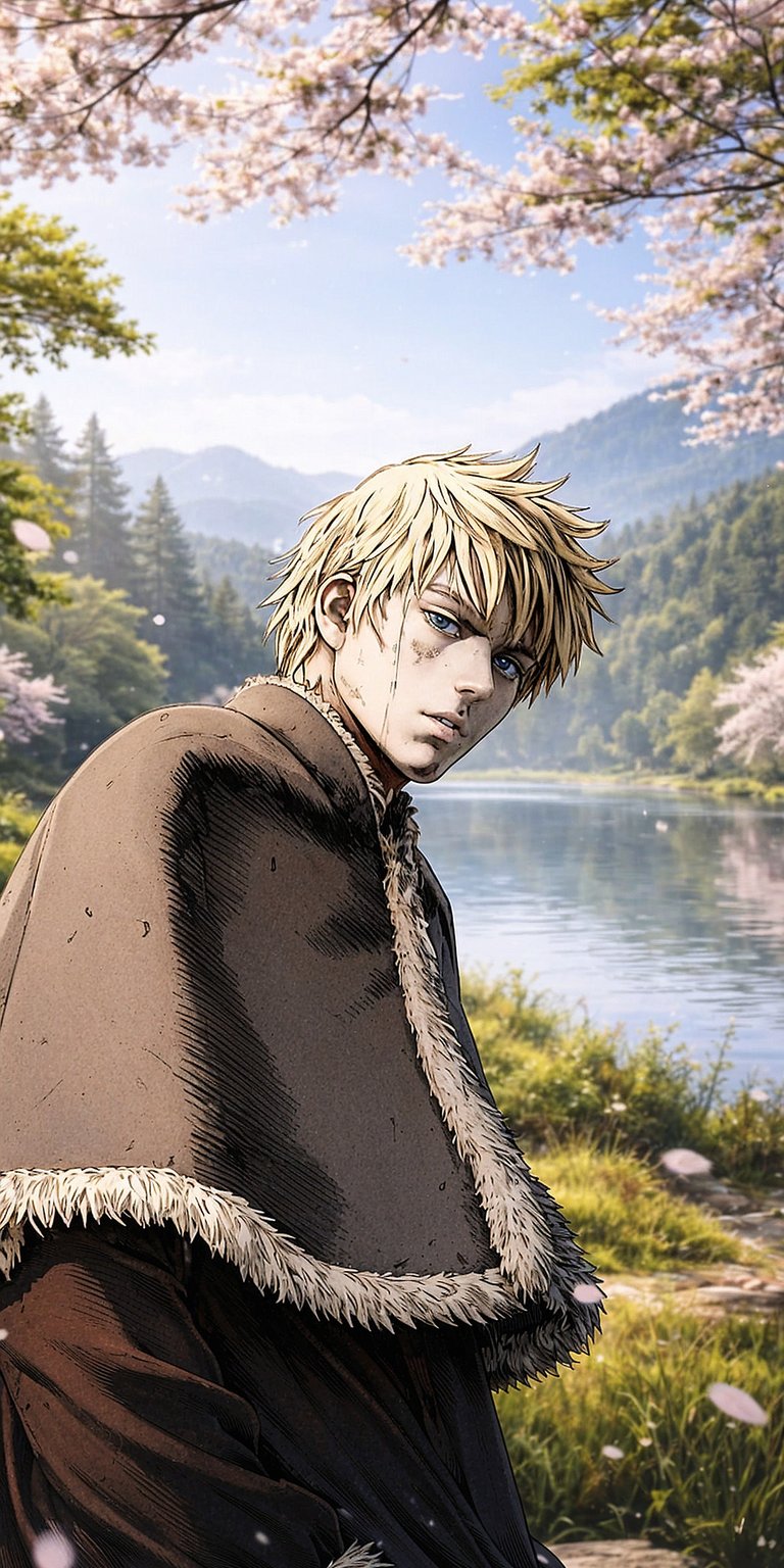 Download this incredible Thorfinn 4K wallpaper for your iPhone, showcasing his blonde hair, fur-trimmed cloak, and the serene lake backdrop. This stunning wallpaper will transform your device's screen.