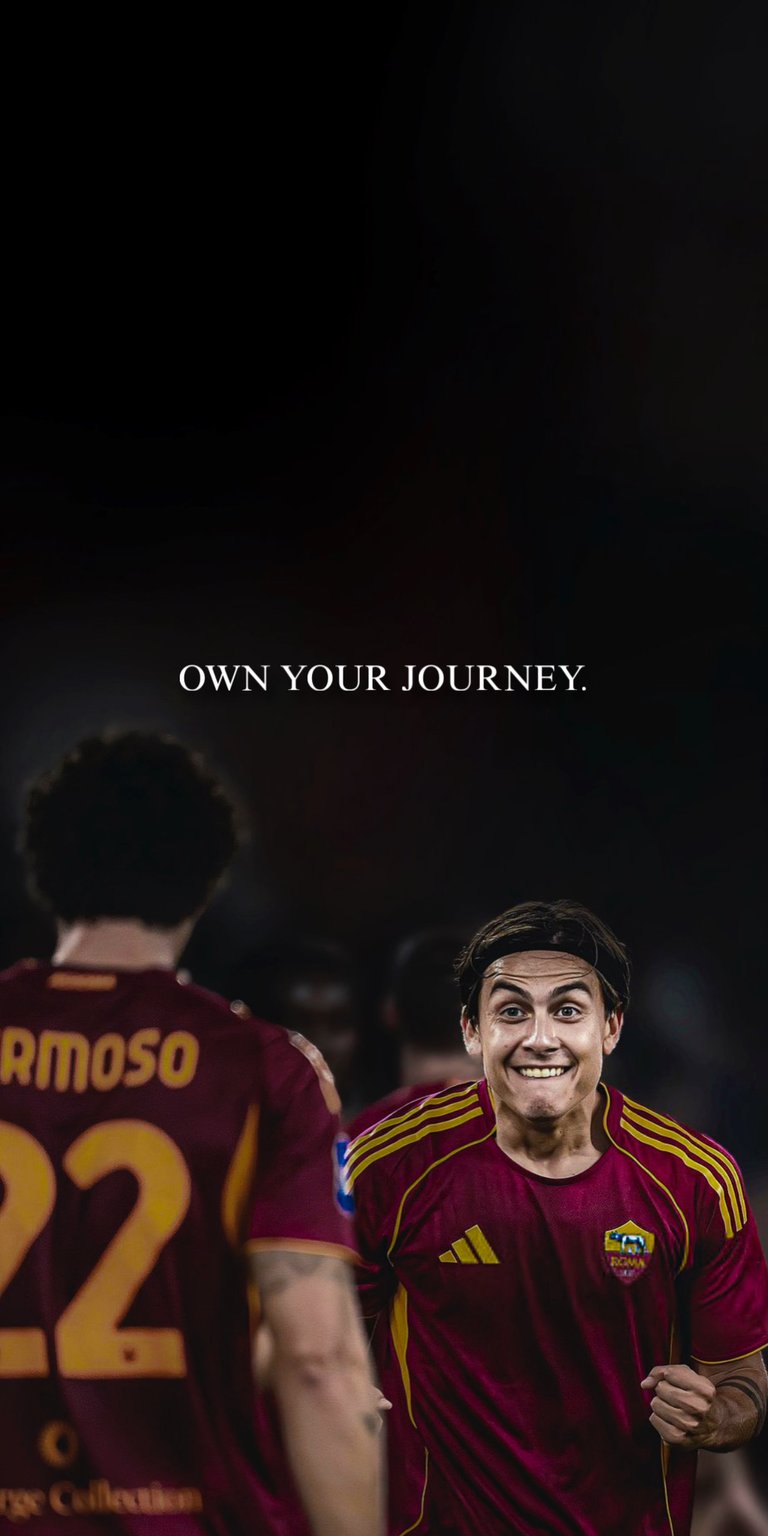 This iPhone wallpaper features Paulo Dybala in 4K resolution. This wallpaper captures Dybala with his headband, wearing Roma's jersey, and a teammate's jersey number 22 visible behind him.