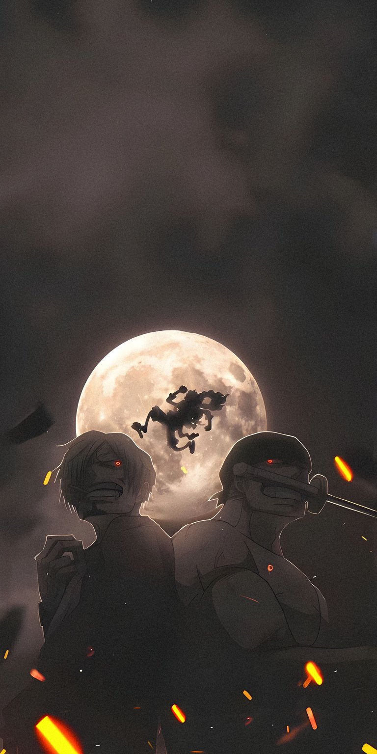 Download this incredible Sanji and Zoro 4K wallpaper for your iPhone today! This stunning wallpaper features Sanji and Zoro with red eyes and set against a full moon with Luffy silhouetted in the middle.