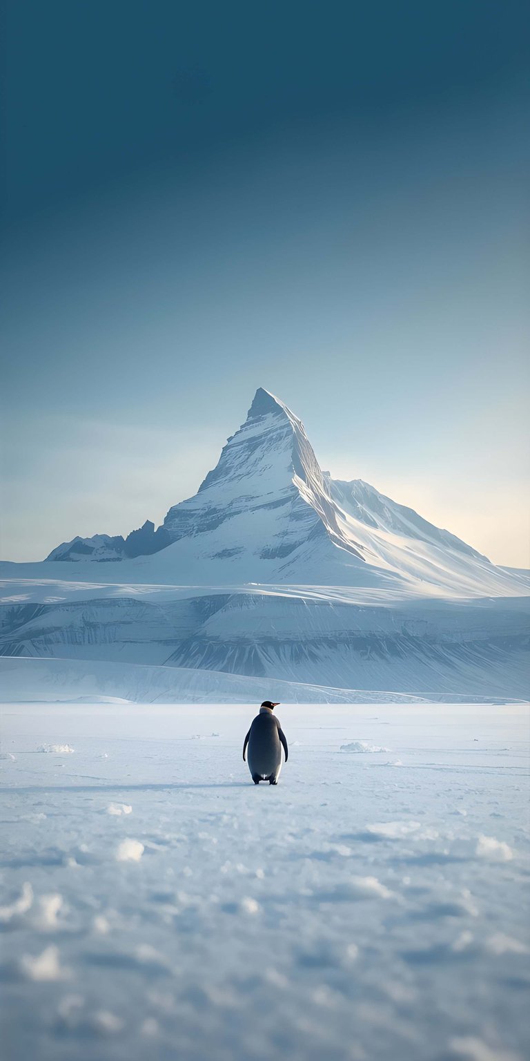 Elevate your mobile screen with a stunning mountain wallpaper showcasing a jagged peak and a solitary penguin on the ice. This 4K wallpaper uses soft natural lighting and realistic snow textures to create a premium iPhone background.