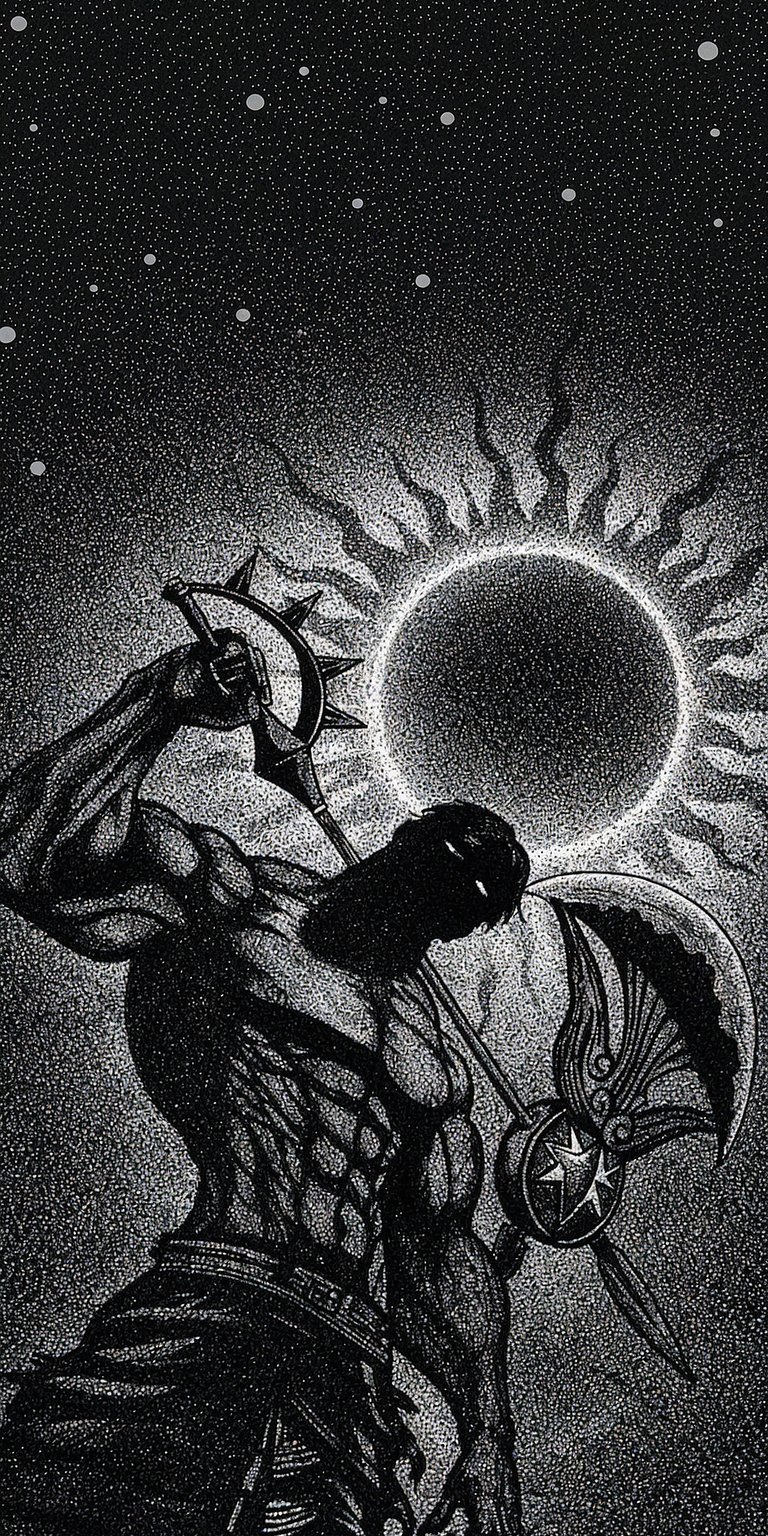 Download this Guts Berserk 4K wallpaper for your iPhone, showcasing the determined warrior. The wallpaper highlights the iconic character against a stark eclipse backdrop, clutching a bladed weapon and shield.