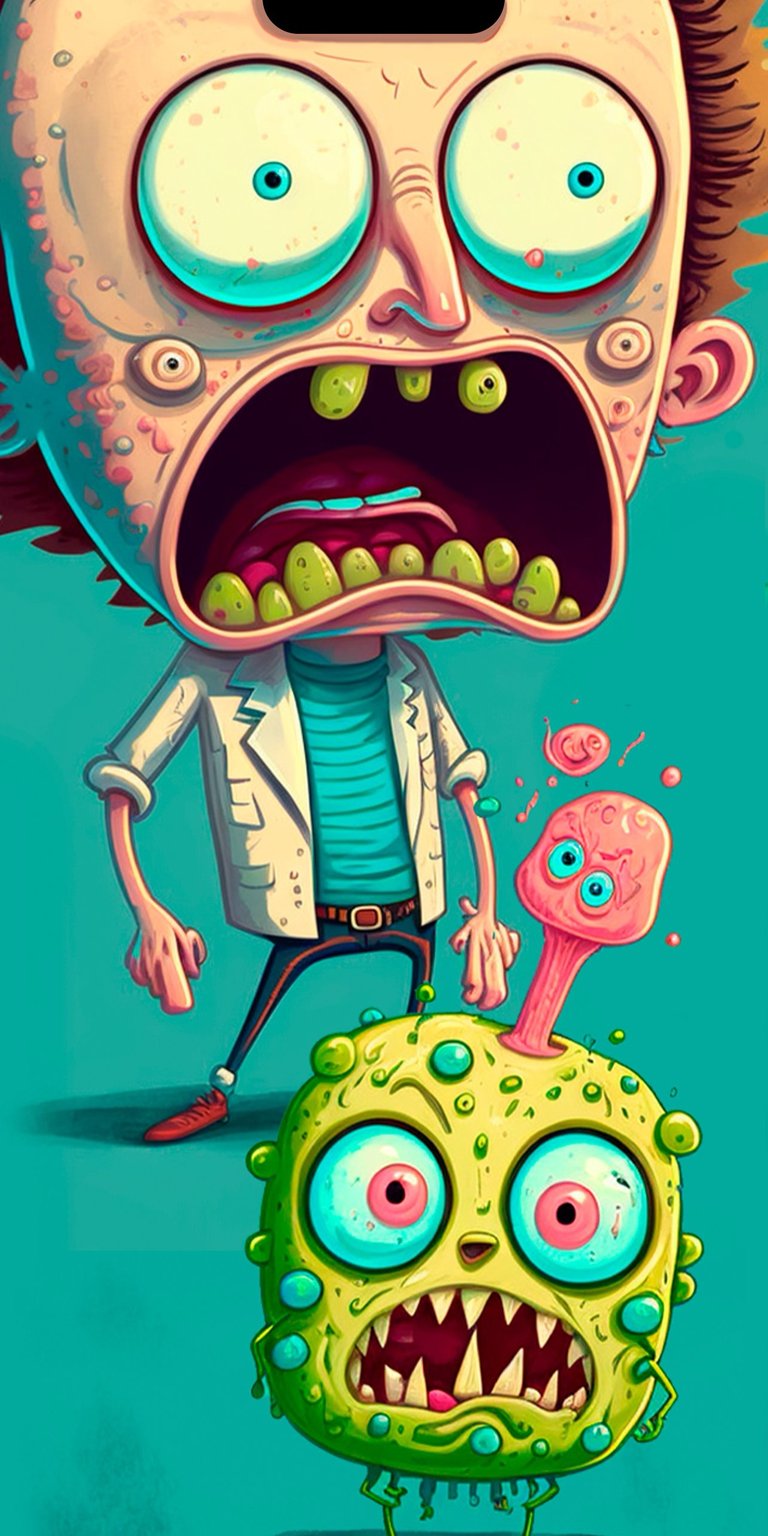 Man shouting with a scared bacteria in front of him wallpaper