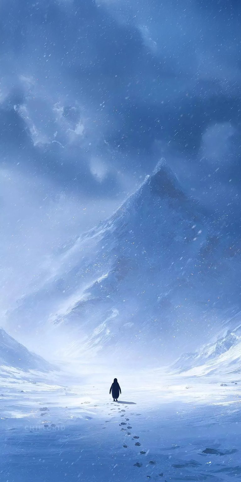 This stunning 4K wallpaper features a lone penguin trekking through a snowy landscape on iPhone. Notice the striking contrast between the dark penguin and the vast, bright expanse of snow, with distant mountain peaks shrouded in a blizzard; a must have wallpaper!