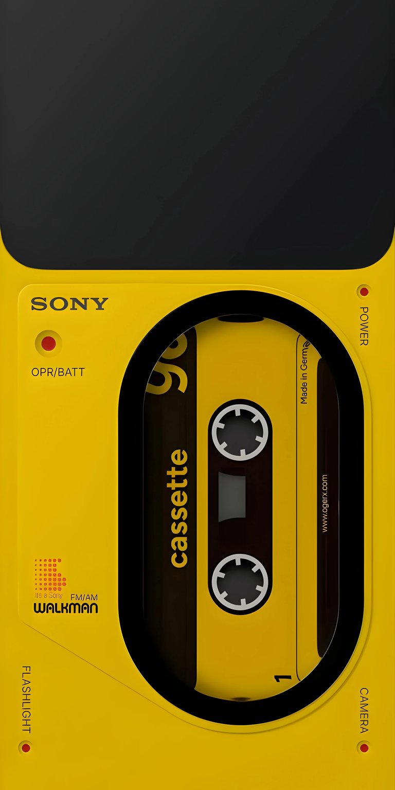 Download this vibrant yellow Sony Walkman 4K wallpaper for your iPhone, showcasing a classic cassette with bold text and a functional design. This stunning wallpaper highlights the iconic device featuring the labels "Flashlight" and "Camera".