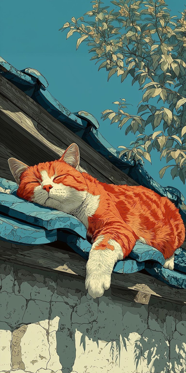 Cat sleeping on the roof art iPhone wallpaper 4K