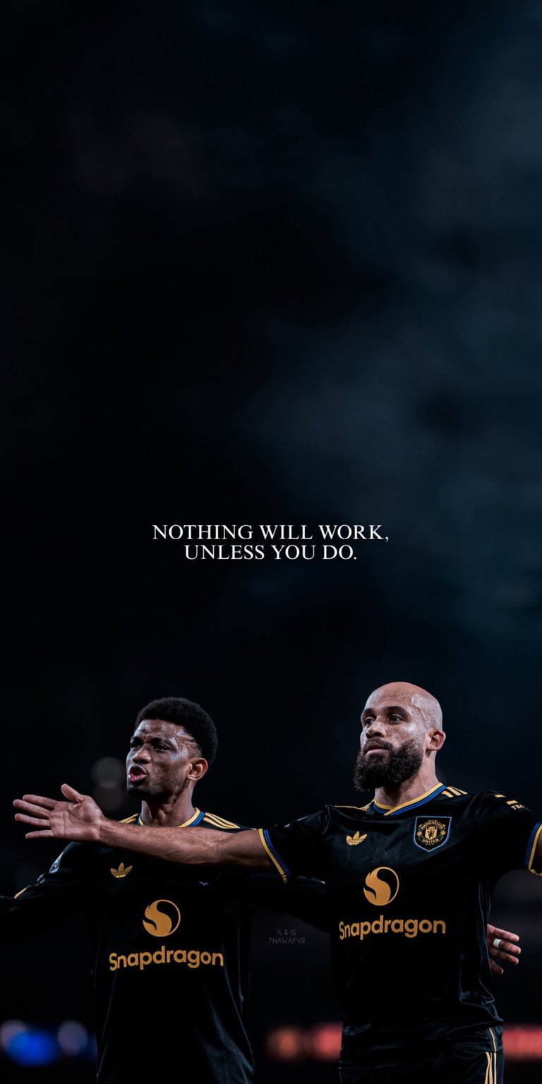 This 4K OLED wallpapers design features Bryan Mbeumo and Amad Diallo for your iPhone. The wallpaper showcases deep black space with a motivational quote and vibrant yellow kit accents.