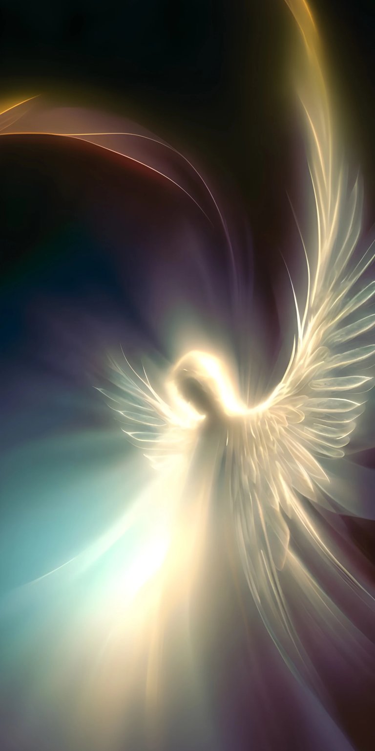 Download this stunning angel 4K wallpaper for your iPhone today. The wallpaper features an angelic figure with glowing wings, set against a backdrop of swirling light and dark shades.