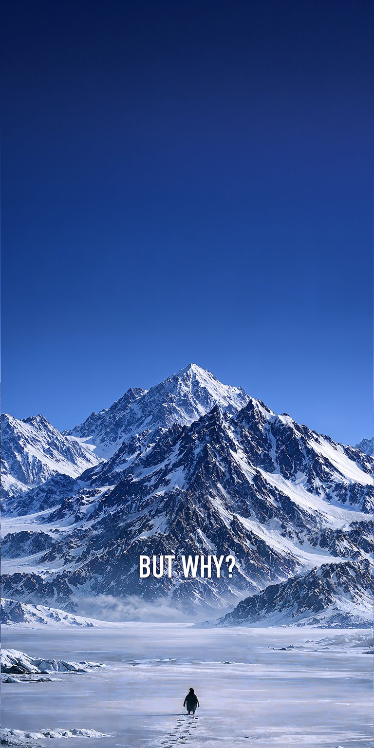 Download this captivating penguin wallpaper in stunning 4K resolution for your iPhone. Observe the solitary penguin trekking across the expansive frozen landscape toward jagged, snow-capped mountains.