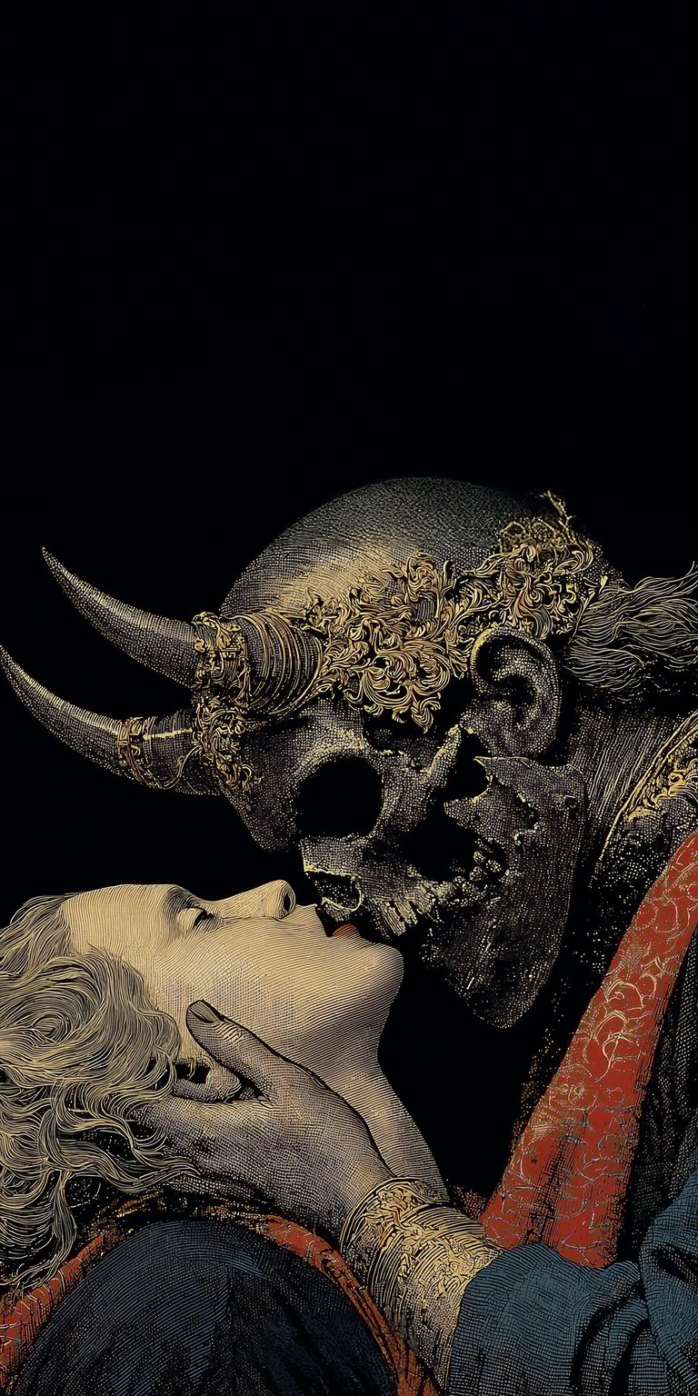 This dramatic 4K wallpaper depicts a hauntingly beautiful scene of a winged skeleton kissing a woman in a classic oil painting style. A perfect gothic wallpaper for iPhone, it features intricate details like a golden crown, red robes, and a moody, macabre atmosphere.