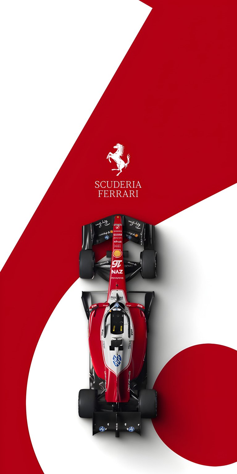 This 4K wallpaper features a high-angle top view of a red and white Scuderia Ferrari Formula 1 car against a clean, geometric background. Designed for iPhone, this minimalist wallpaper uses bold red curves and soft shadows to create a sophisticated look for your lock screen.