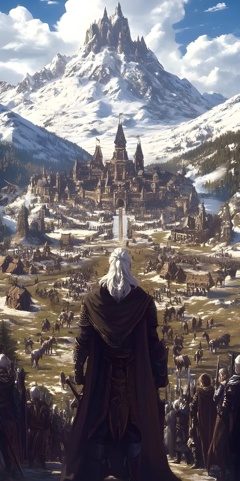 Enhance your mobile device with a cinematic 4K wallpaper featuring Geralt of Rivia overlooking a sprawling medieval fortress. This fantasy-themed wallpaper highlights intricate armor details, snowy peaks, and epic world-building for the ultimate fan experience.