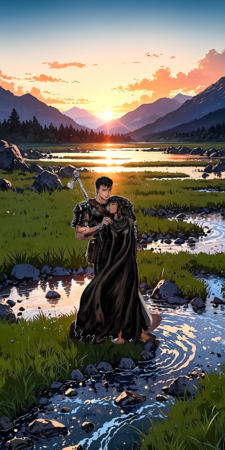 Guts and Casca embracing in a stream at sunset wallpaper iPhone 4k