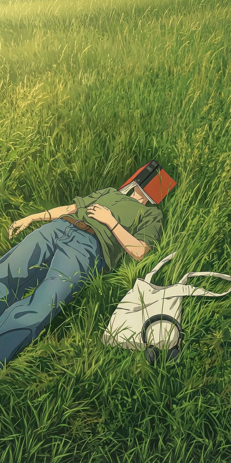 Download this Anime Boy 4K wallpaper for your iPhone, showcasing a serene scene of relaxation. The wallpaper features a boy sleeping in a grassy field with a book over his face, accompanied by a canvas bag and headphones.