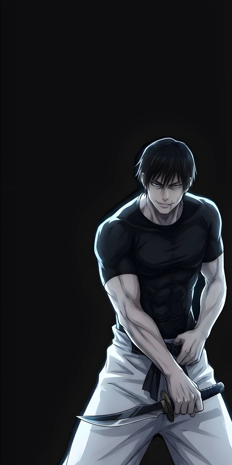 Download this Toji Fushiguro 4K wallpaper for your iPhone, showcasing his black t-shirt, white pants, and the reverse curse blade. This stunning wallpaper brings the intensity of the character to your device.