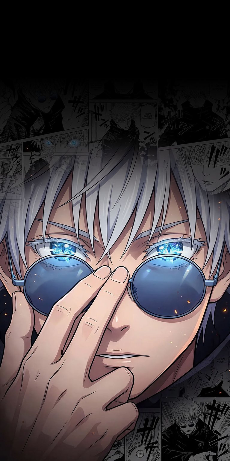 Channel the power of the strongest sorcerer with this Gojo Satoru 4K wallpaper highlighting his signature round sunglasses and glowing Six Eyes. This iPhone wallpaper captures the intense detail of the Jujutsu Kaisen manga style against a dark, textured background.