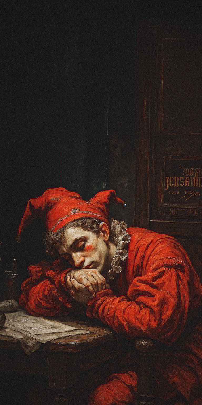Download this iPhone wallpaper of the Sad Clown in 4K resolution. This wallpaper features a clown slumped at a wooden desk wearing a red jester outfit and a ruffled collar.