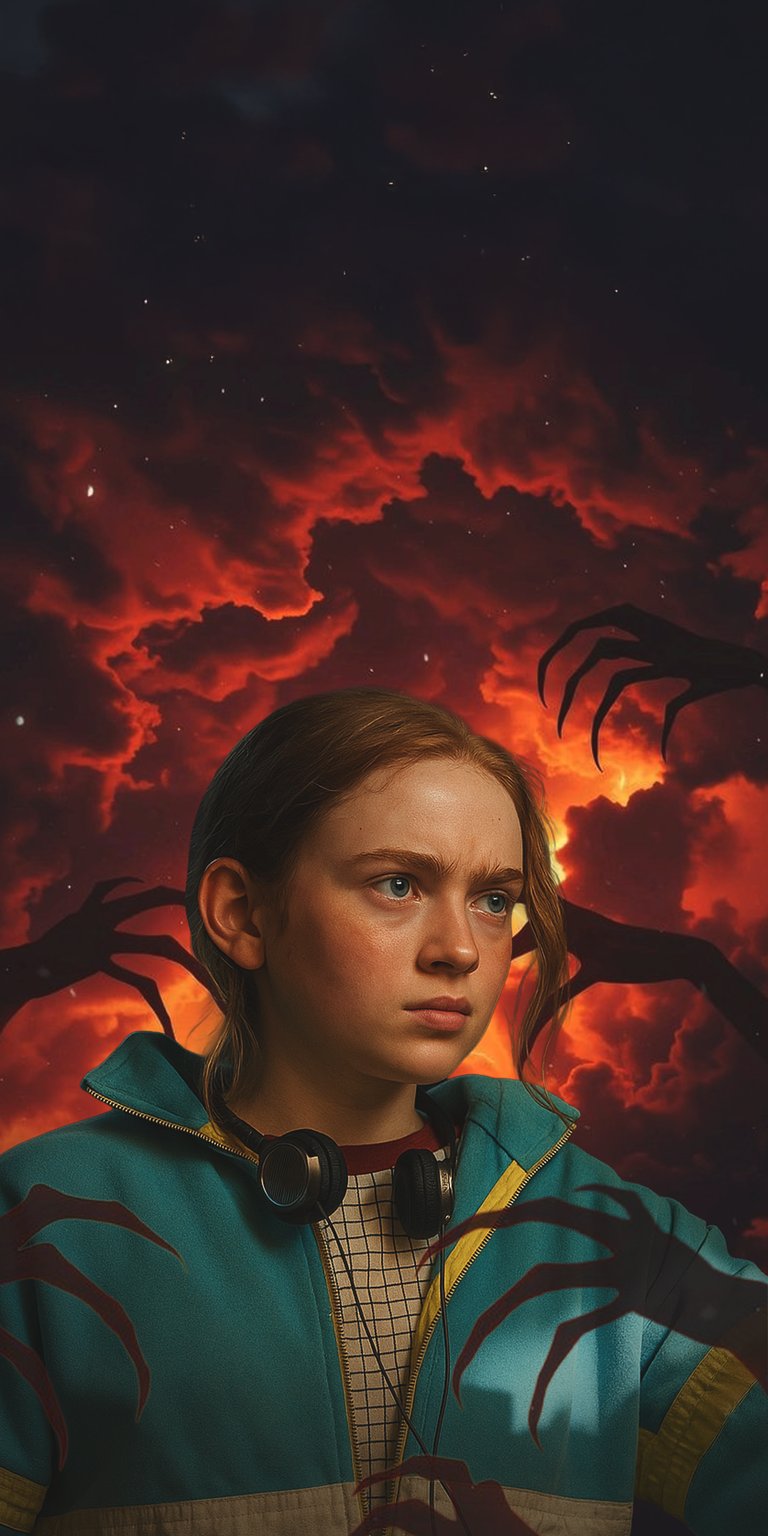 Download this striking Max Mayfield 4K wallpaper for your iPhone, showcasing ominous clawed shadows reaching toward her from a fiery red sky. This incredible wallpaper captures Max wearing her trademark headphones and a blue and yellow jacket.