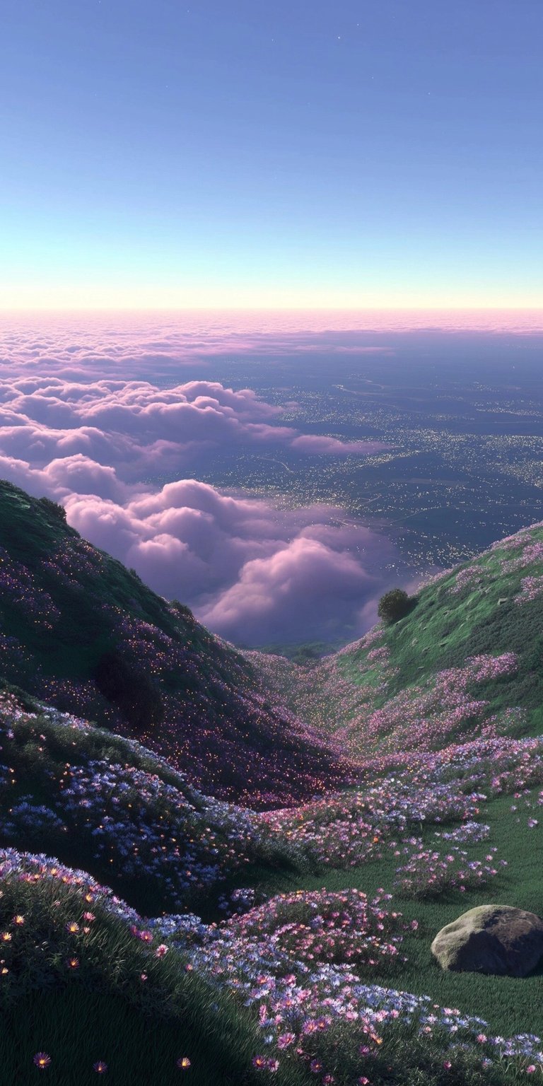 Download this beautiful meadow 4K wallpaper for your iPhone, showcasing rolling hills of flowers and clouds. This wallpaper highlights a clear sky and a prominent rock.