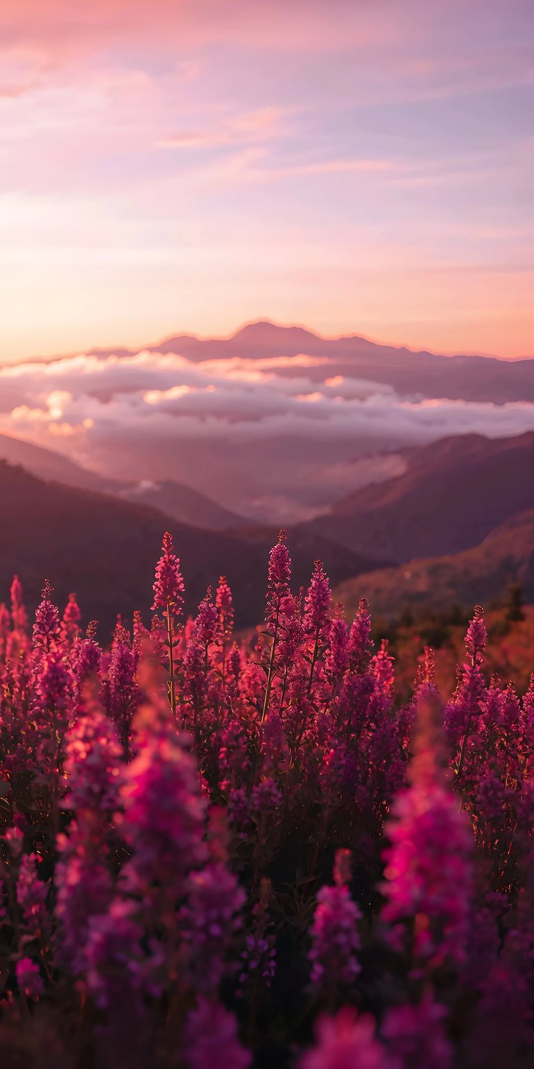 Download this serene lavender field wallpaper in 4K for your iPhone, featuring a tranquil mountain range shrouded in soft clouds and a gentle pink sky. The striking foreground contrasts beautifully with the peaceful backdrop, making this a perfect wallpaper.