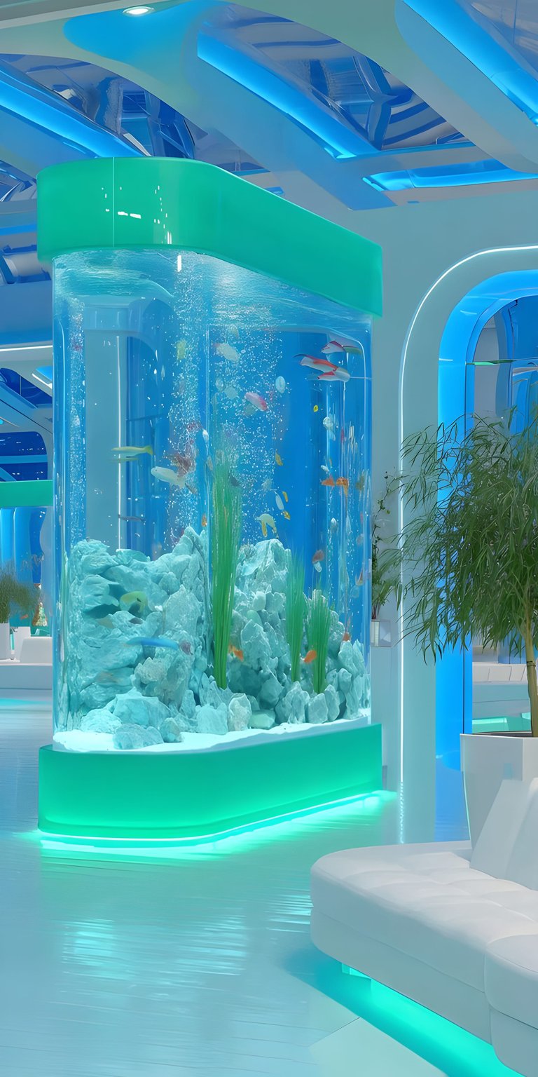 This stunning 4K wallpaper showcases a vibrant aquarium filled with colorful fish and bubbling water. Perfect for your iPhone, this wallpaper also features a modern interior design with sleek lines and neon accents.